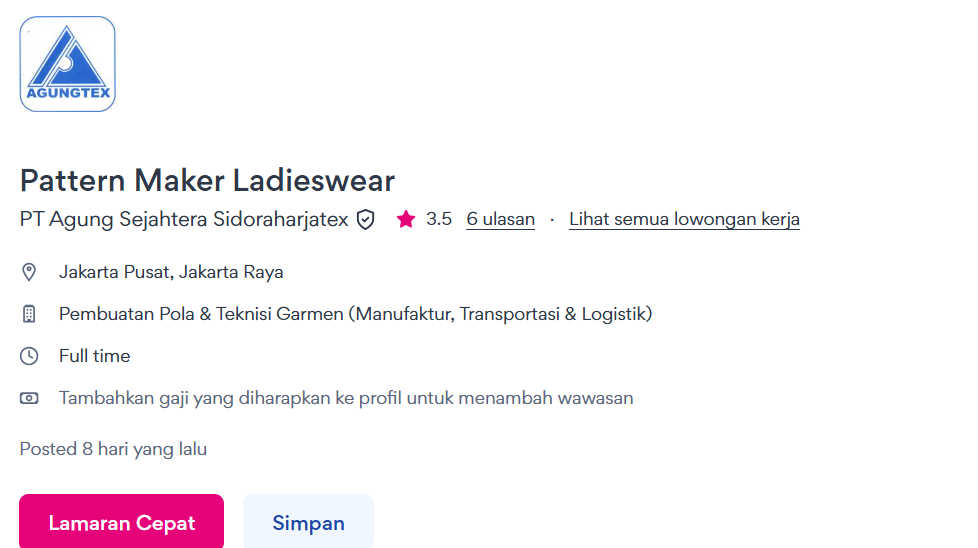 Loker : Pattern Maker Ladieswear